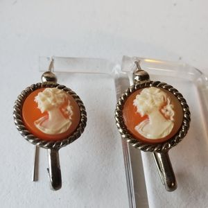 Vintage  Cameo Earrings Ponytail Girl  Gold Tone .